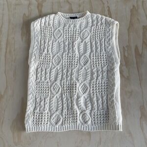 Vintage Steve-Mor Sweater Vest Mens Medium White Cable Knit Crew Neck Sleeveless
